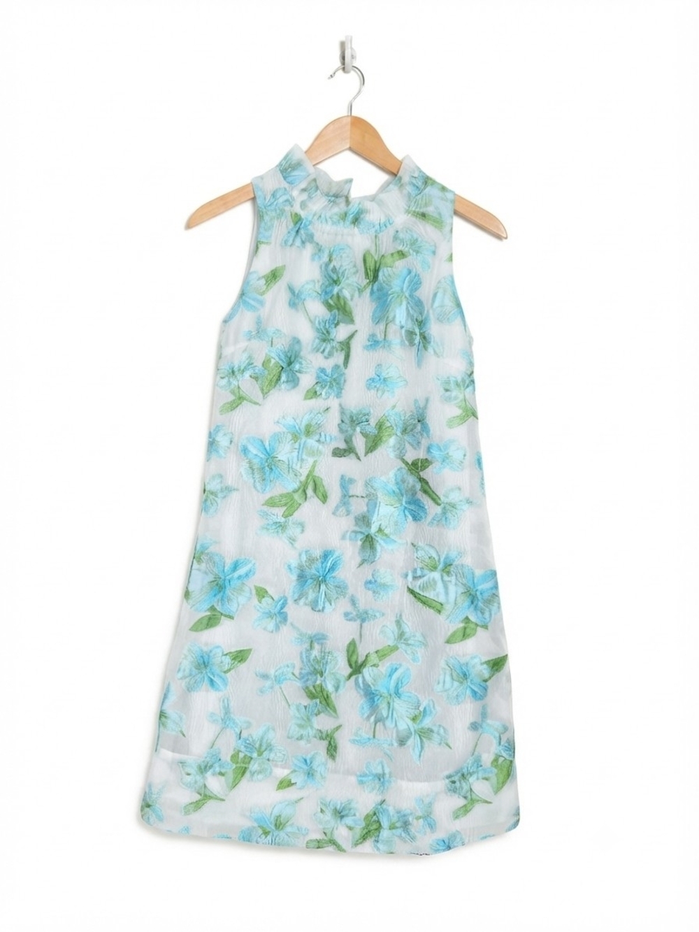 Abbey Glass Blue Floral Jacquard Ruffle Mock Neck Shift Dress Size XS